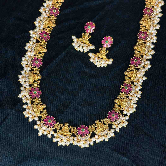 Premium Quality  Traditional Ruby Stone Lakshmi Haram With Hanging pearls H0030-CJ102