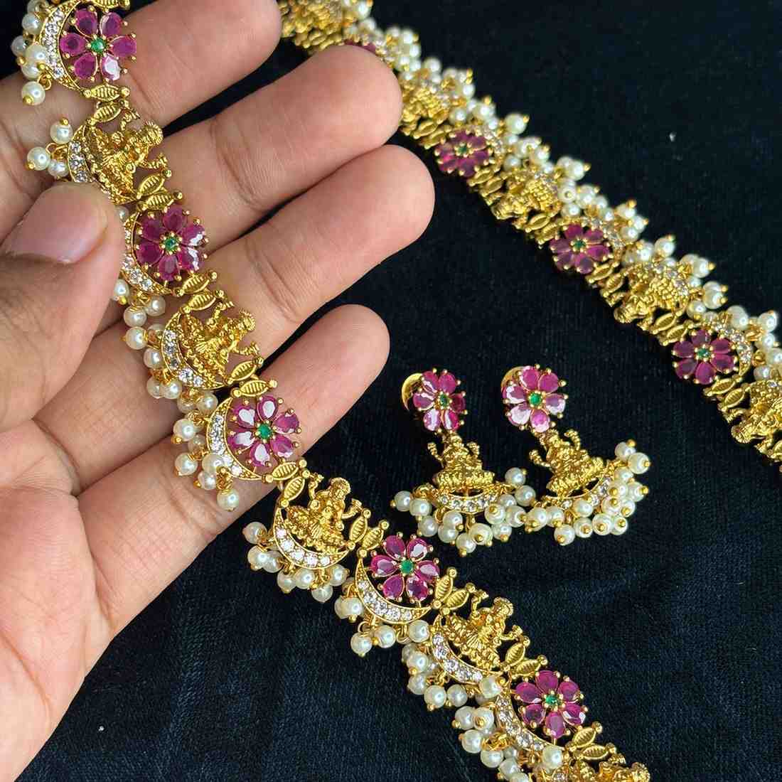 Premium Quality  Traditional Ruby Stone Lakshmi Haram With Hanging pearls H0030-CJ102