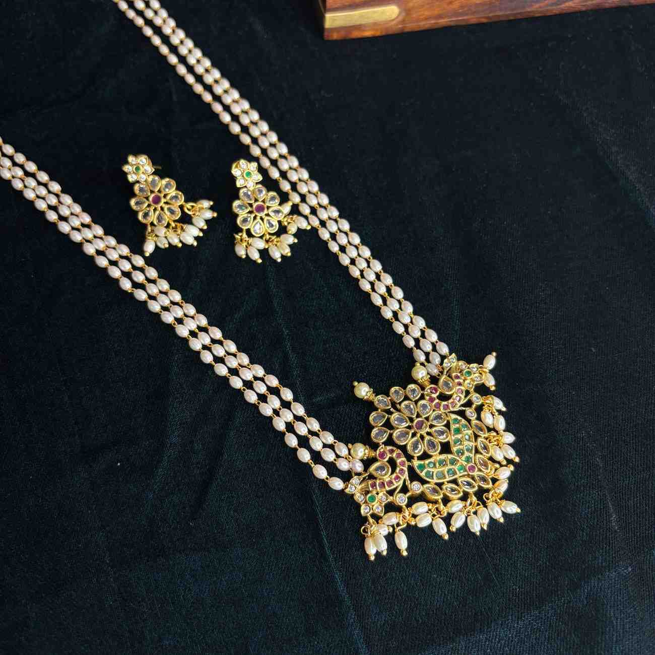 Premium Finish 3 Layer Rice Pearls With a Pendent of red and green Peacock and floral Pattern H0023-CI50