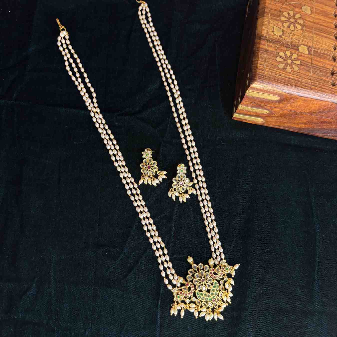 Premium Finish 3 Layer Rice Pearls With a Pendent of red and green Peacock and floral Pattern H0023-CI50