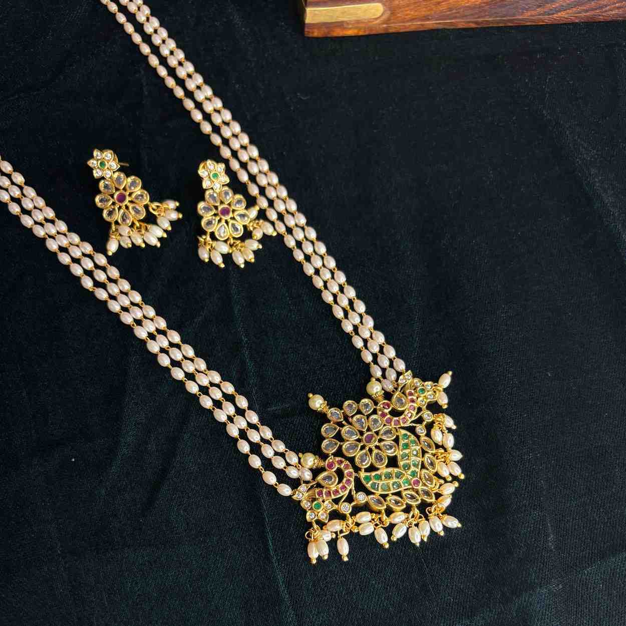 Premium Finish 3 Layer Rice Pearls With a Pendent of red and green Peacock and floral Pattern H0023-CI50