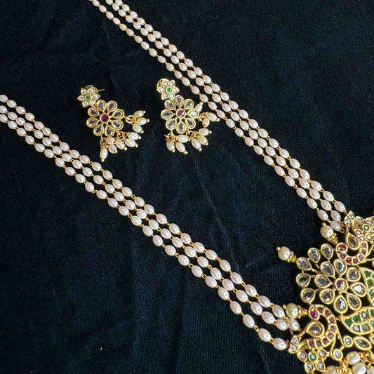 Premium Finish 3 Layer Rice Pearls With a Pendent of red and green Peacock and floral Pattern H0023-CI50