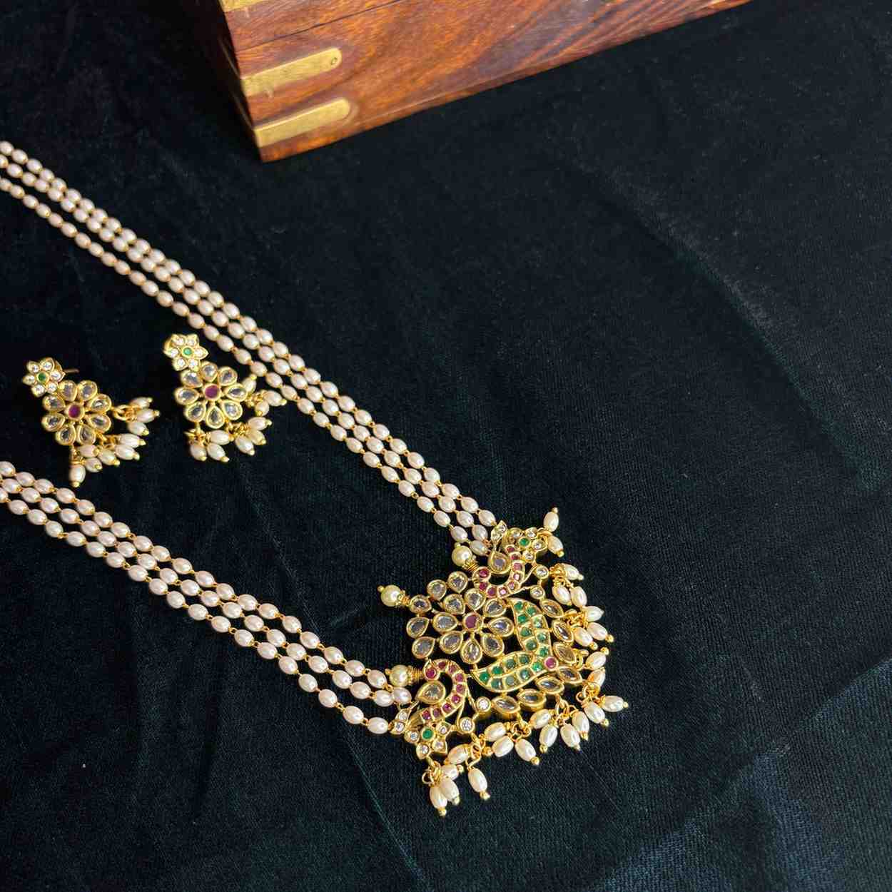 Premium Finish 3 Layer Rice Pearls With a Pendent of red and green Peacock and floral Pattern H0023-CI50