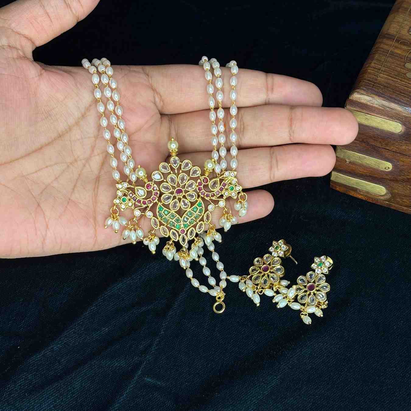 Premium Finish 3 Layer Rice Pearls With a Pendent of red and green Peacock and floral Pattern H0023-CI50