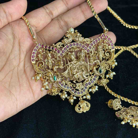 Premium quality 30 inch length long dollar chain designed with ruby red stone Krishna Radha Goddess chain H0027-CR170