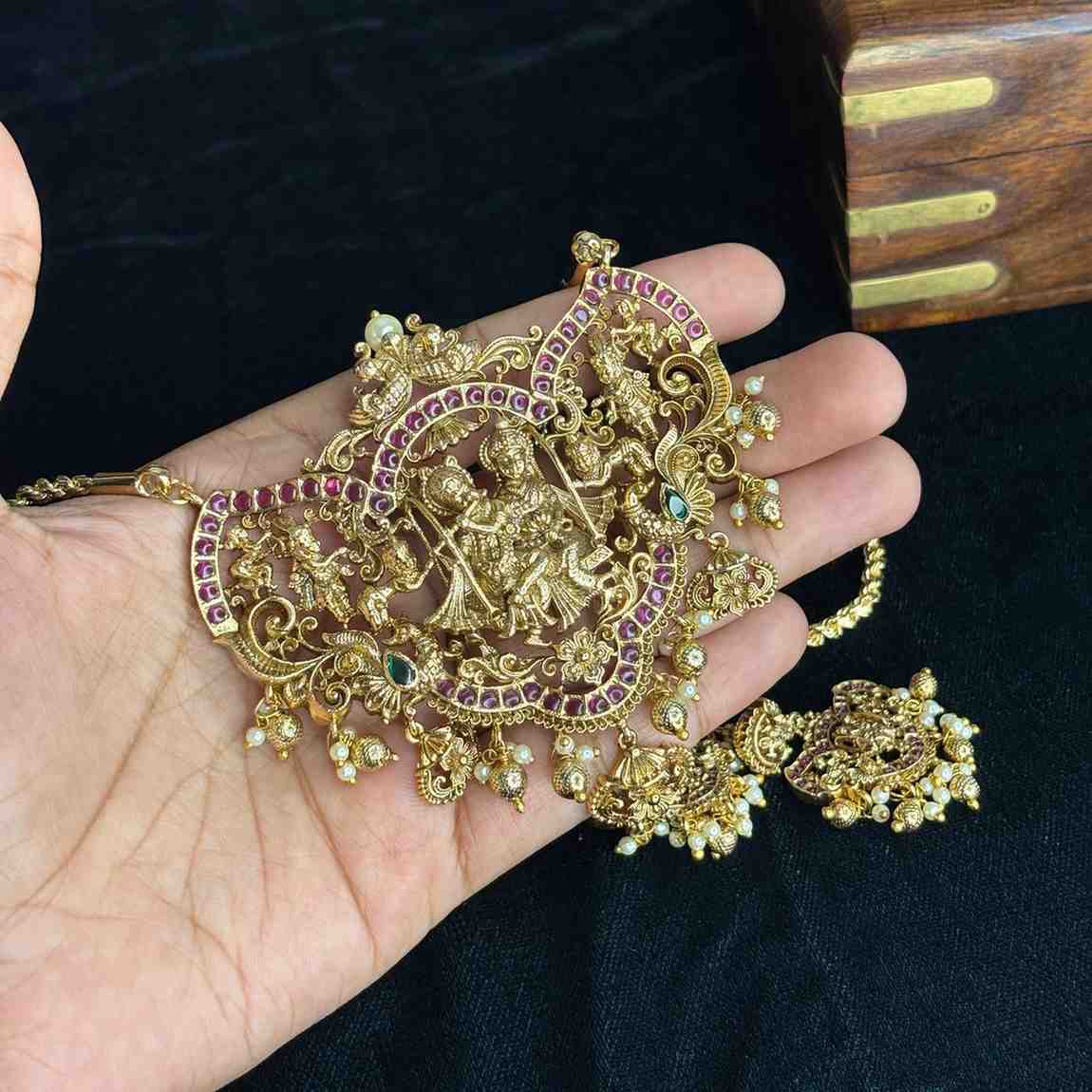 Premium quality 30 inch length long dollar chain designed with ruby red stone Krishna Radha Goddess chain H0027-CR170