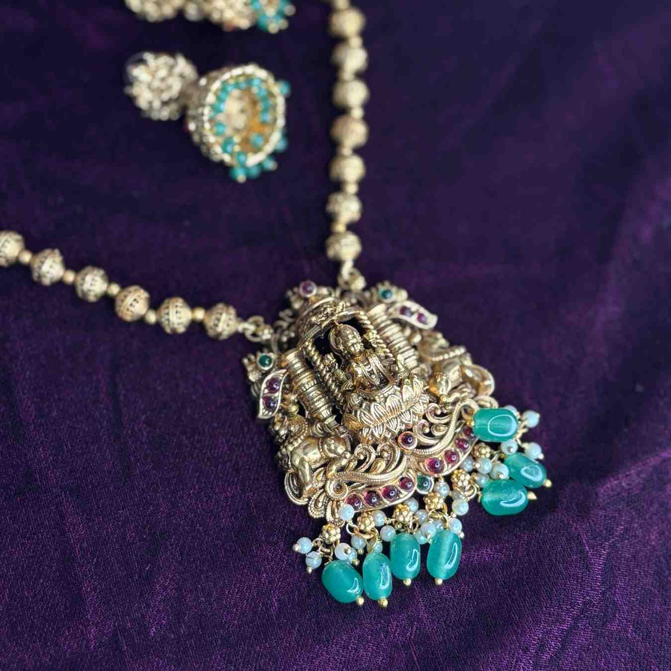 Middle Length Haram Matte Finish Lakshmi Pendent with Green Beads H0008-CJ50