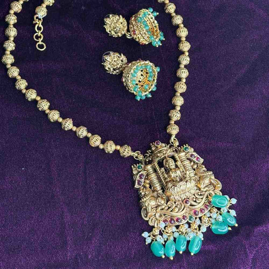 Middle Length Haram Matte Finish Lakshmi Pendent with Green Beads H0008-CJ50
