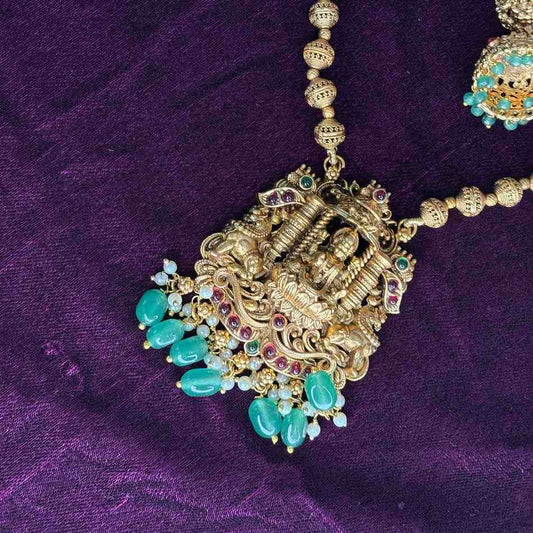 Middle Length Haram Matte Finish Lakshmi Pendent with Green Beads H0008-CJ50