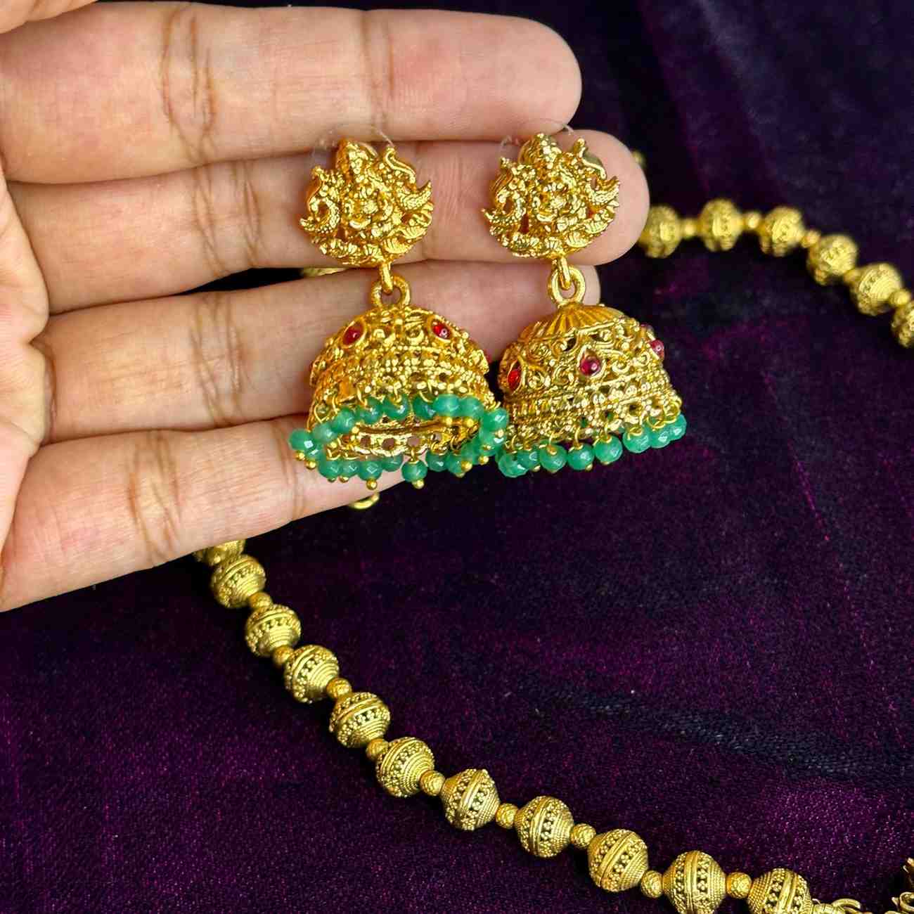 Middle Length Haram Matte Finish Lakshmi Pendent with Green Beads H0008-CJ50