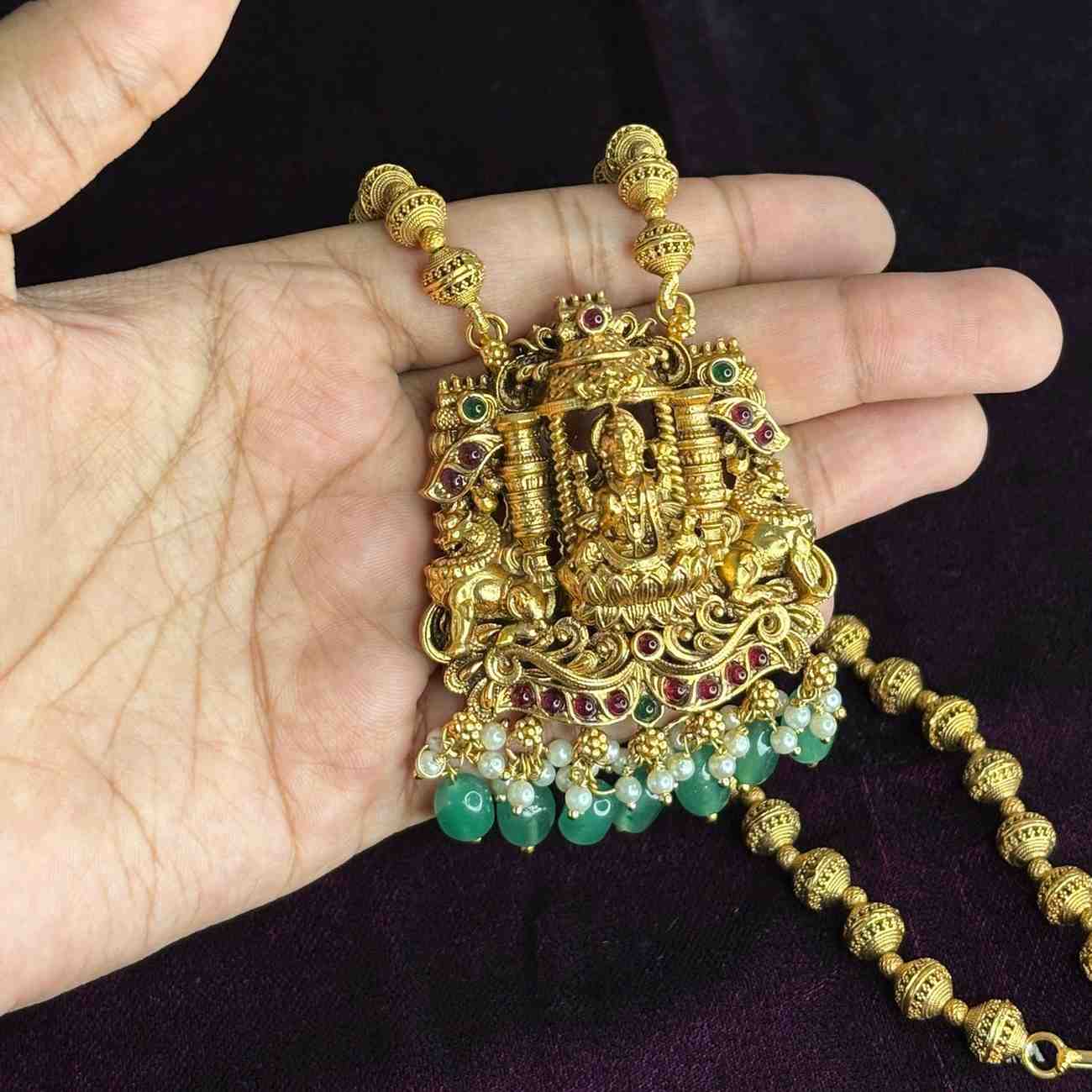 Middle Length Haram Matte Finish Lakshmi Pendent with Green Beads H0008-CJ50