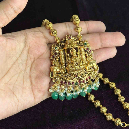 Middle Length Haram Matte Finish Lakshmi Pendent with Green Beads H0008-CJ50