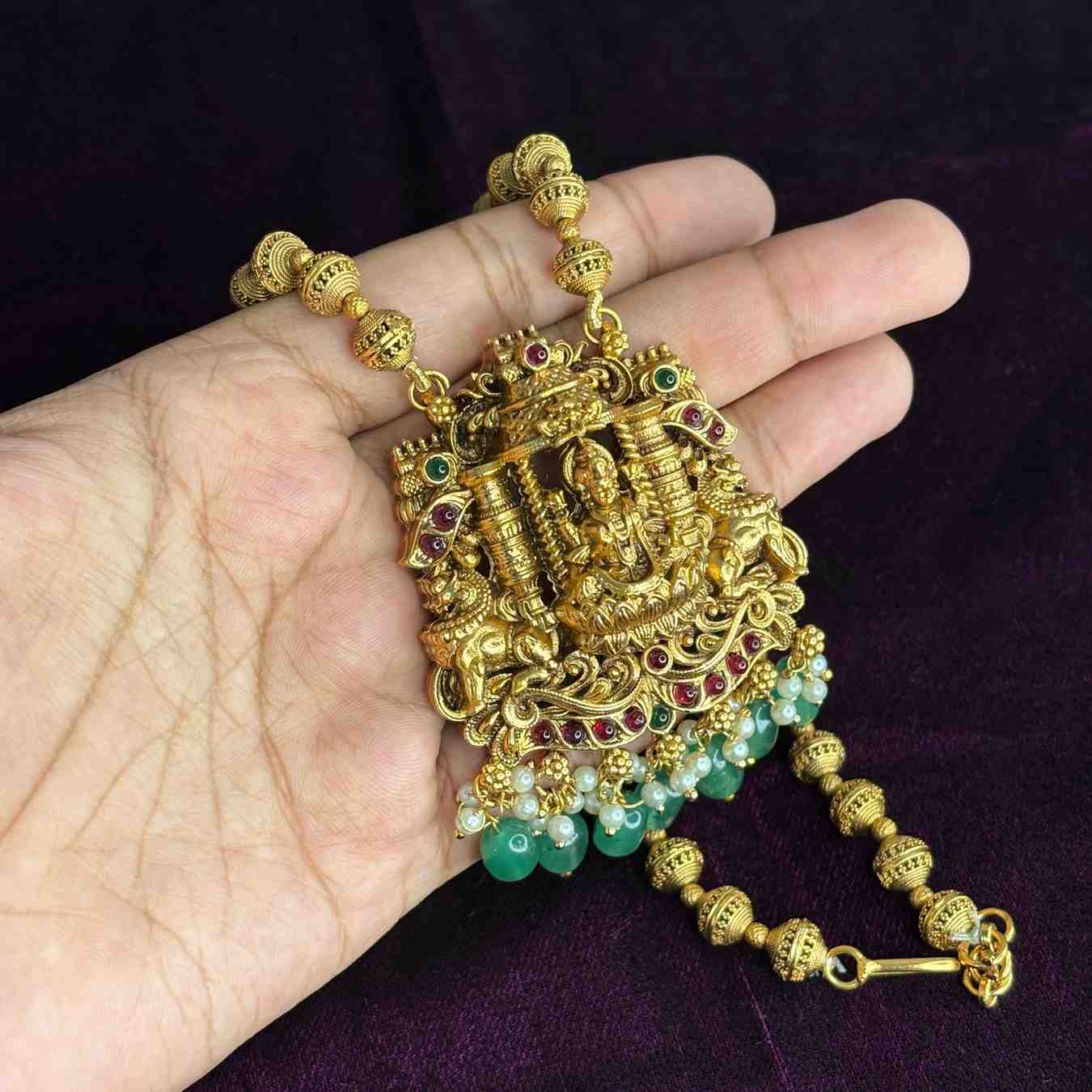 Middle Length Haram Matte Finish Lakshmi Pendent with Green Beads H0008-CJ50