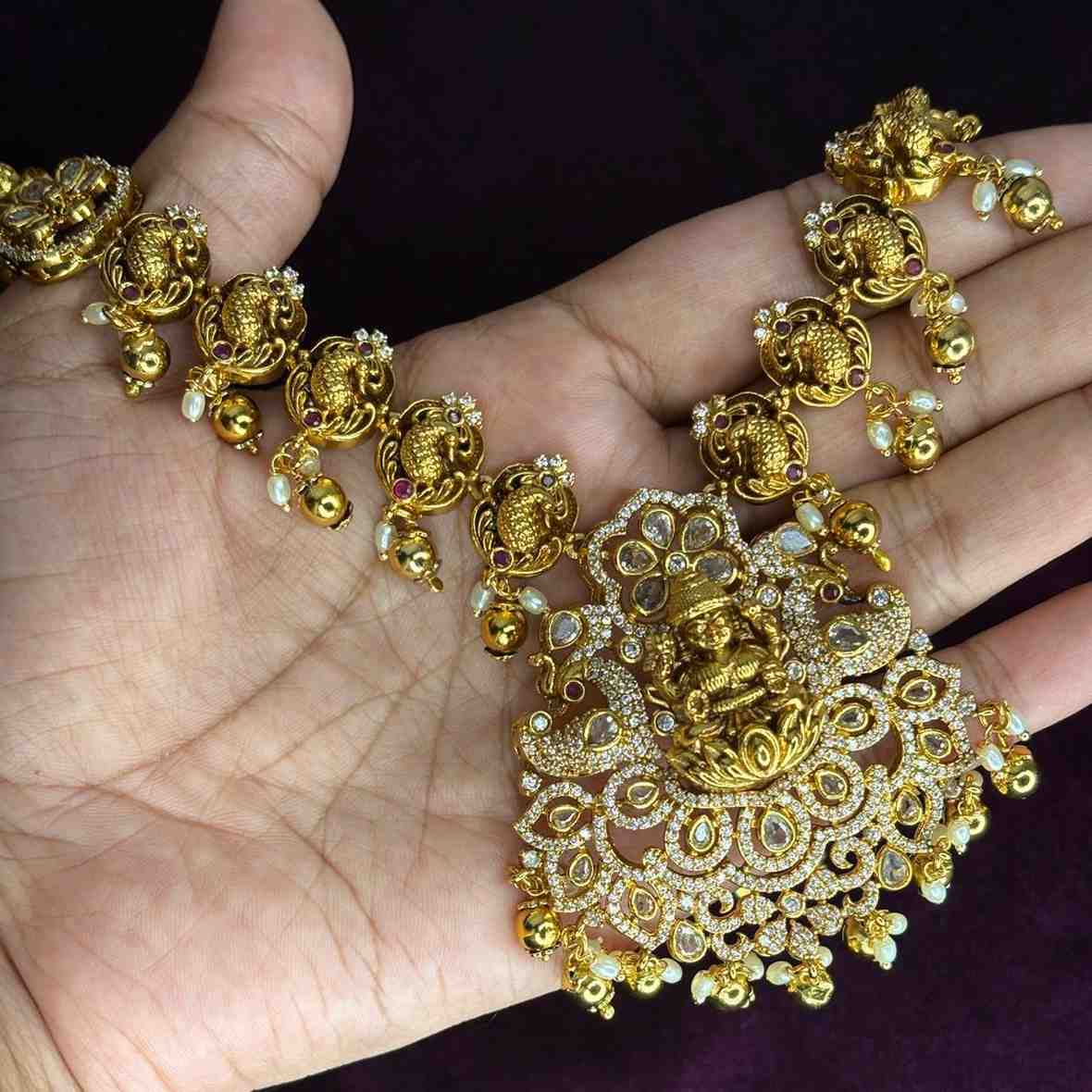 Premium Quality AD Stone White Stone LAKSHMI  Necklace With Floral Pattern Design N0129-CR180