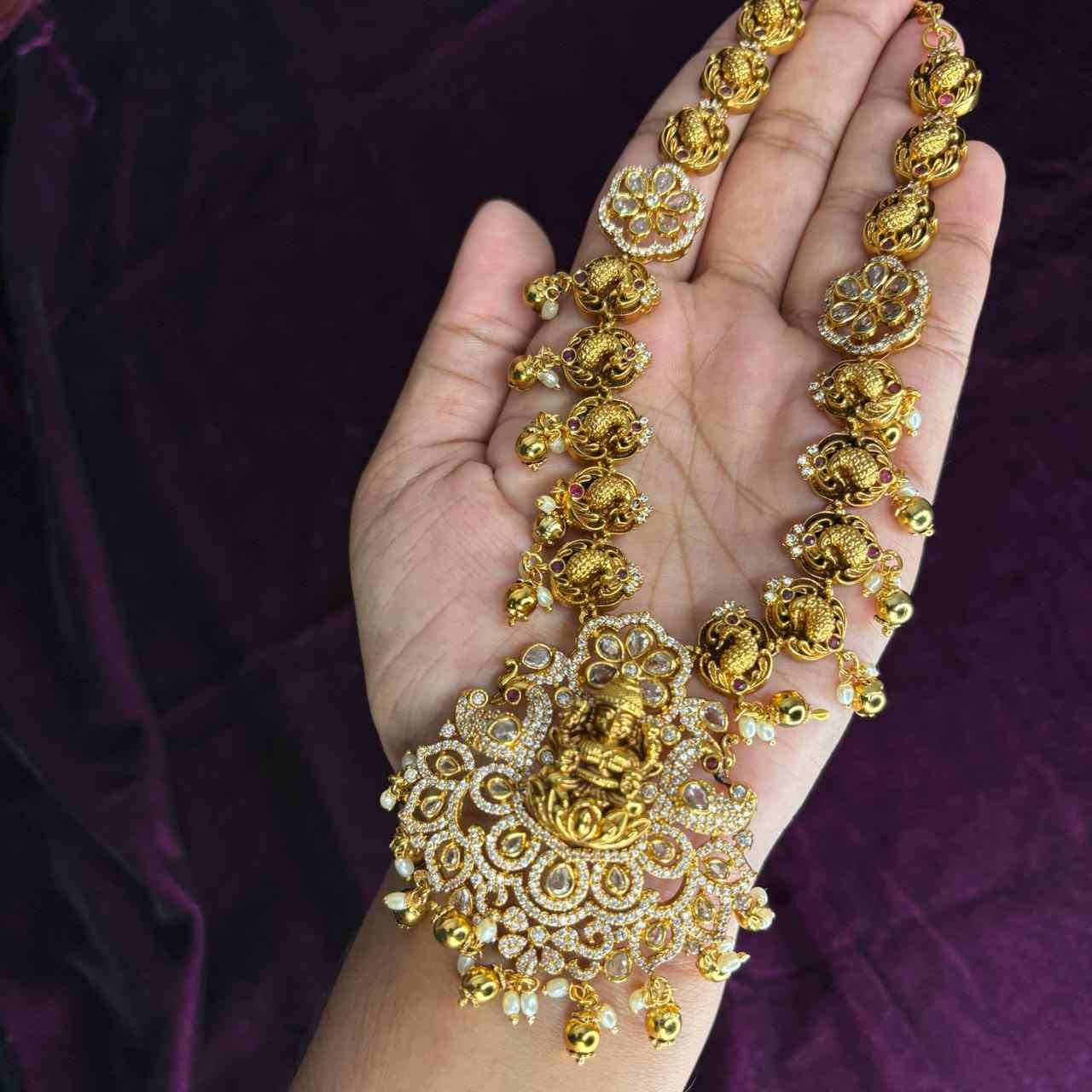 Premium Quality AD Stone White Stone LAKSHMI  Necklace With Floral Pattern Design N0129-CR180