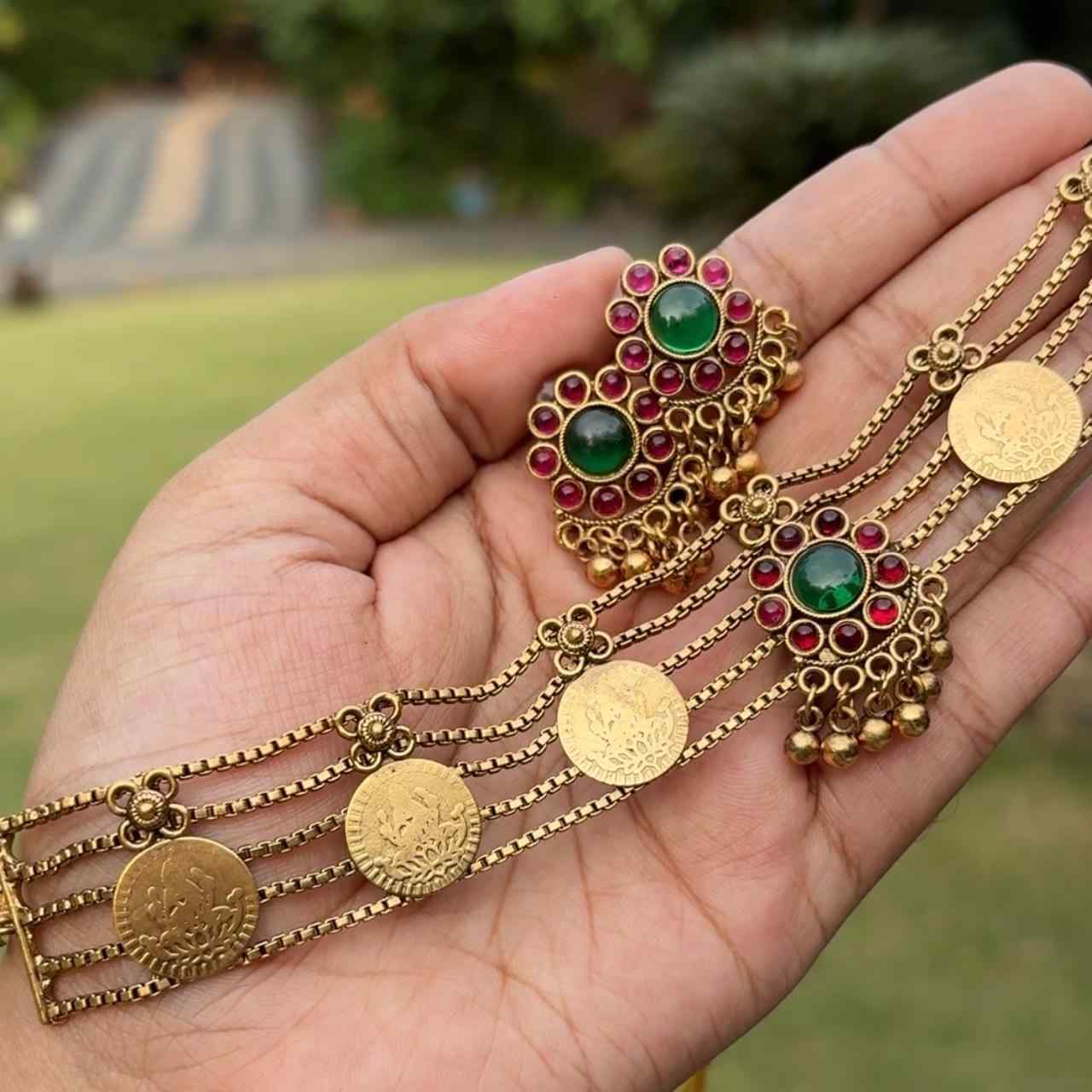 Traditional Matte finish coin chocker set with earring N0173-CJ31