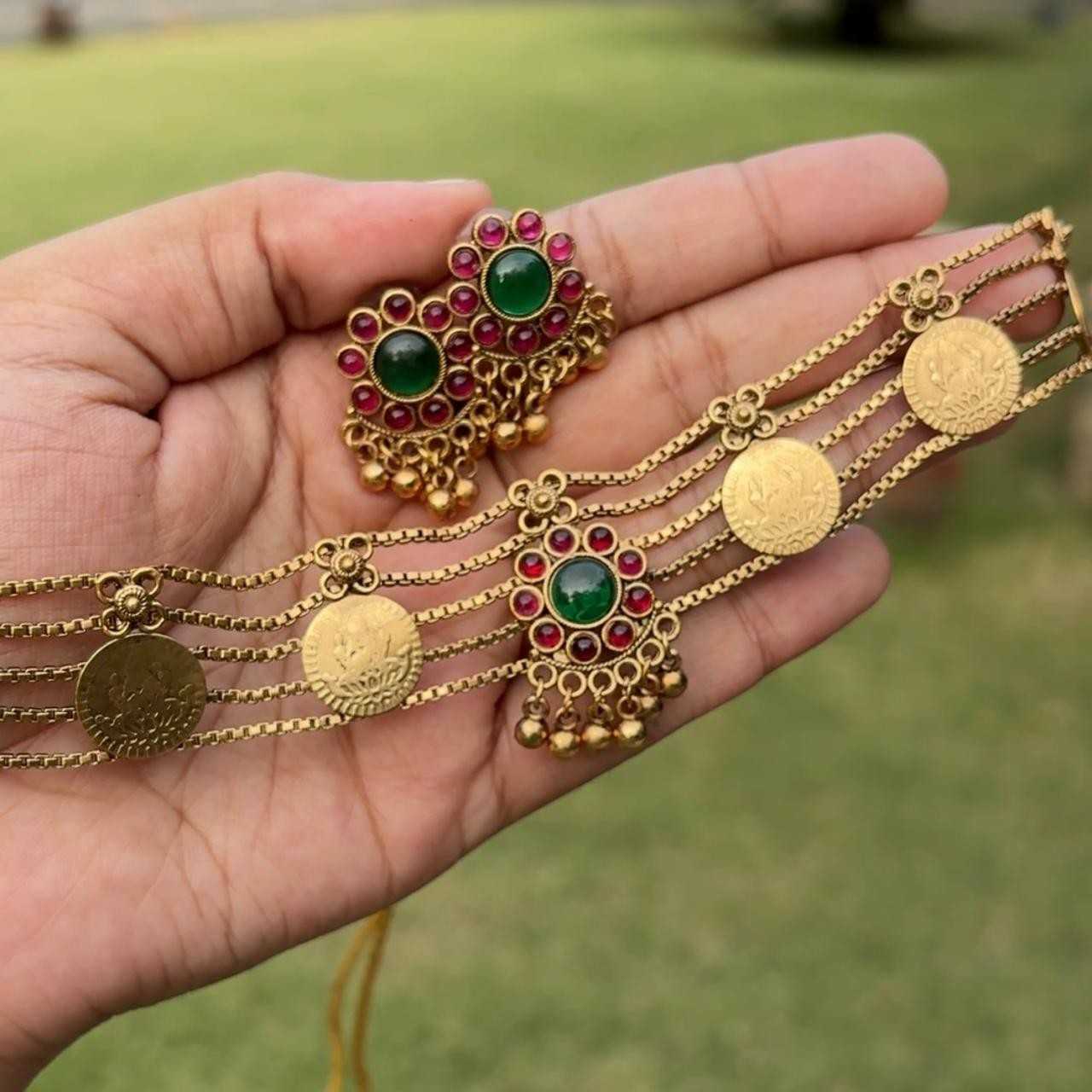 Traditional Matte finish coin chocker set with earring N0173-CJ31