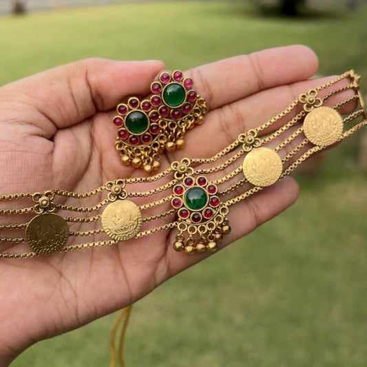 Traditional Matte finish coin chocker set with earring N0173-CJ31