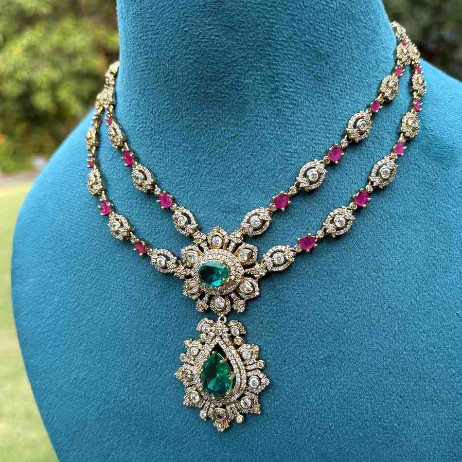 Primum Quality 2 layer Floral pattern necklace with Pastel Sea blue ,AD white, and ruby color Stone Necklace with Earrings N0156-CS135