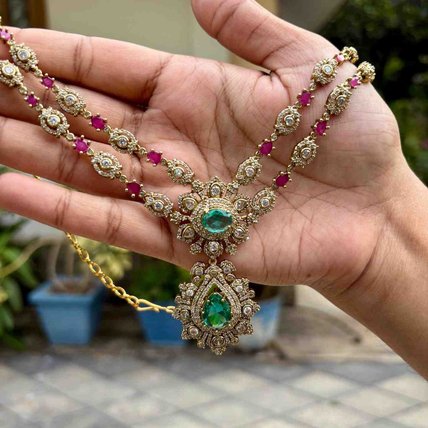 Primum Quality 2 layer Floral pattern necklace with Pastel Sea blue ,AD white, and ruby color Stone Necklace with Earrings N0156-CS135