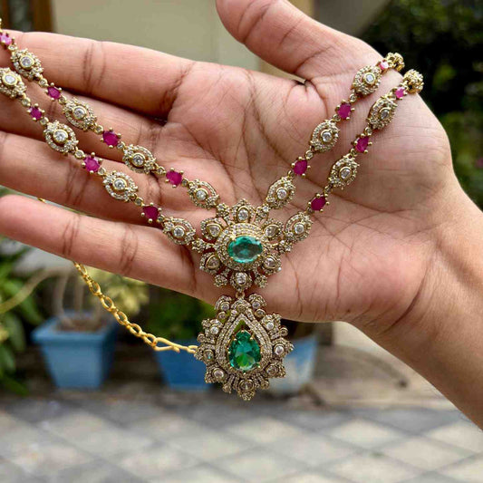 Primum Quality 2 layer Floral pattern necklace with Pastel Sea blue ,AD white, and ruby color Stone Necklace with Earrings N0156-CS135