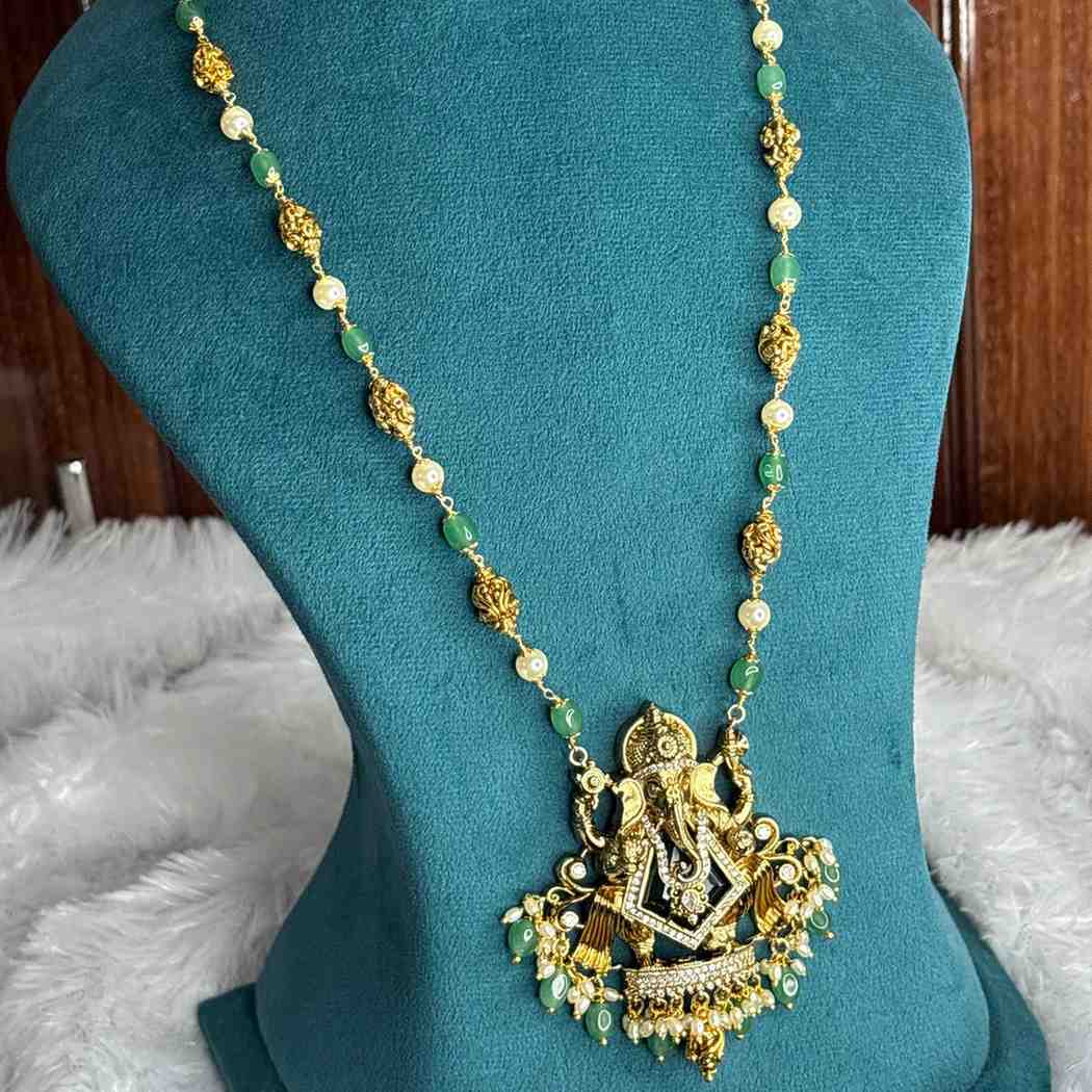 Premium Quality 31 Inch Long Pearl And Emerald Hydro Beads Ganesh Haram H0045-CS107