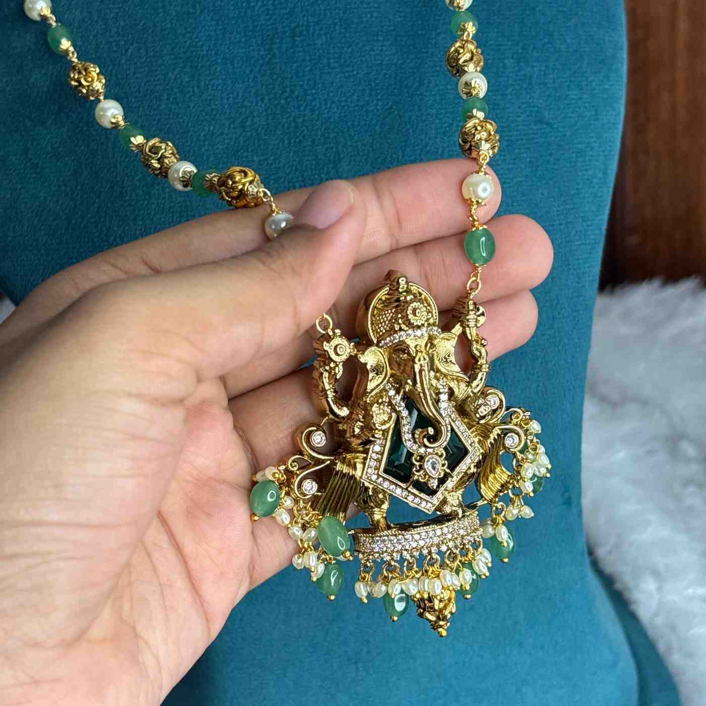 Premium Quality 31 Inch Long Pearl And Emerald Hydro Beads Ganesh Haram H0045-CS107