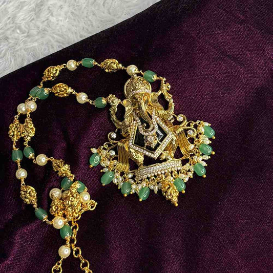 Premium Quality 31 Inch Long Pearl And Emerald Hydro Beads Ganesh Haram H0045-CS107