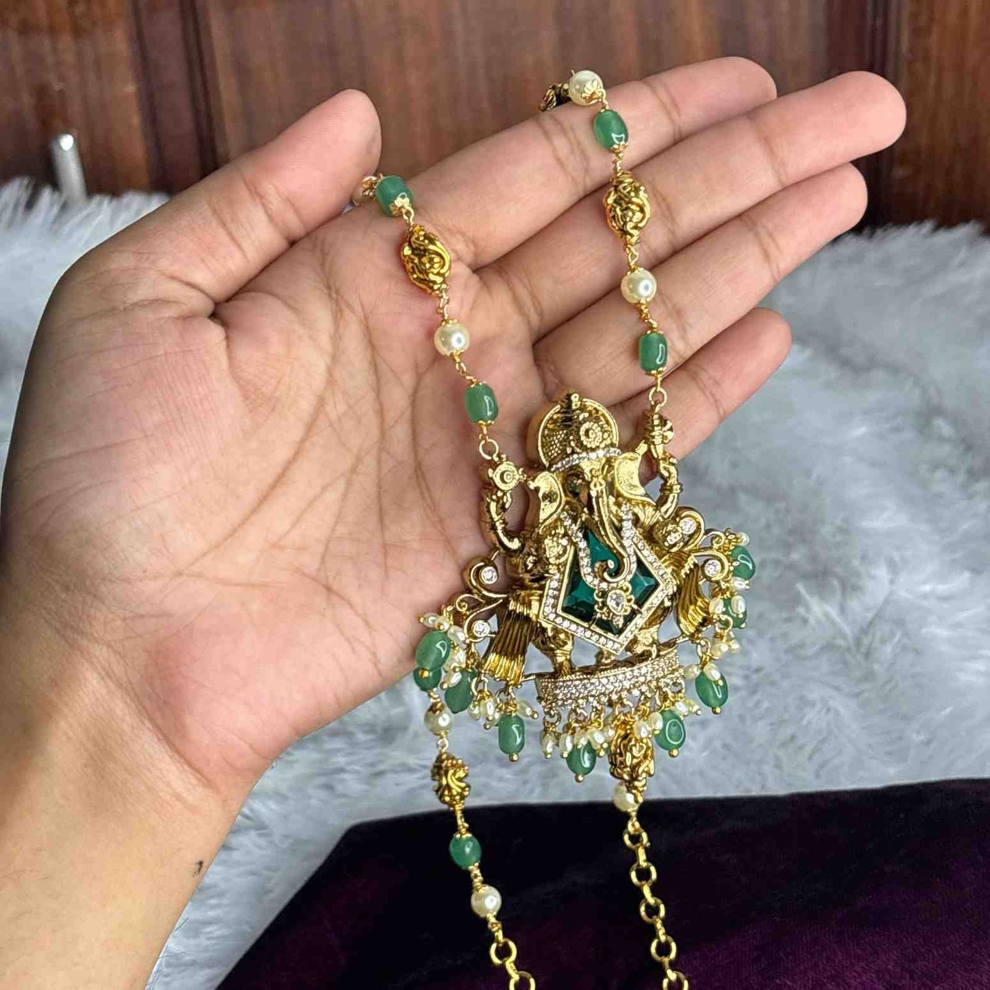 Premium Quality 31 Inch Long Pearl And Emerald Hydro Beads Ganesh Haram H0045-CS107