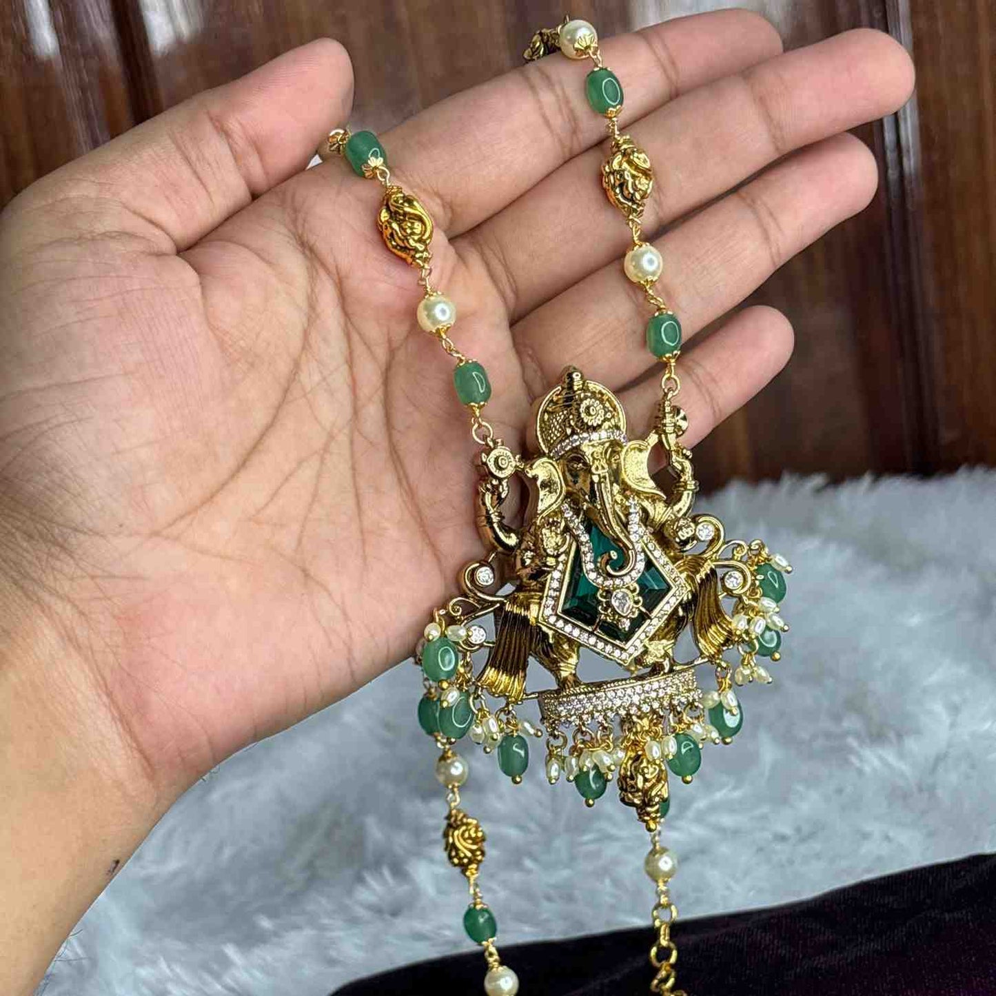 Premium Quality 31 Inch Long Pearl And Emerald Hydro Beads Ganesh Haram H0045-CS107