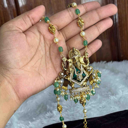 Premium Quality 31 Inch Long Pearl And Emerald Hydro Beads Ganesh Haram H0045-CS107