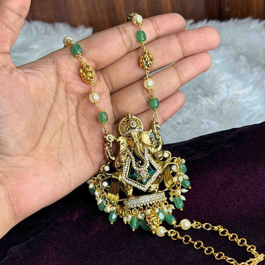 Premium Quality 31 Inch Long Pearl And Emerald Hydro Beads Ganesh Haram H0045-CS107