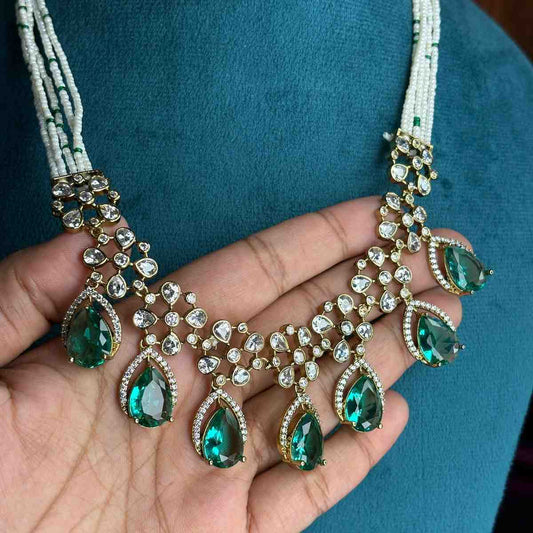 Premium Quality middle length necklace designed with White bead Sea blue pastel stone and polka diamonds  N0177-CS130