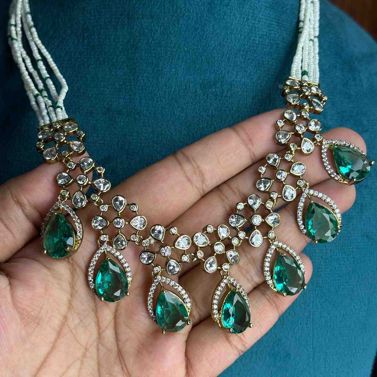 Premium Quality middle length necklace designed with White bead Sea blue pastel stone and polka diamonds  N0177-CS130