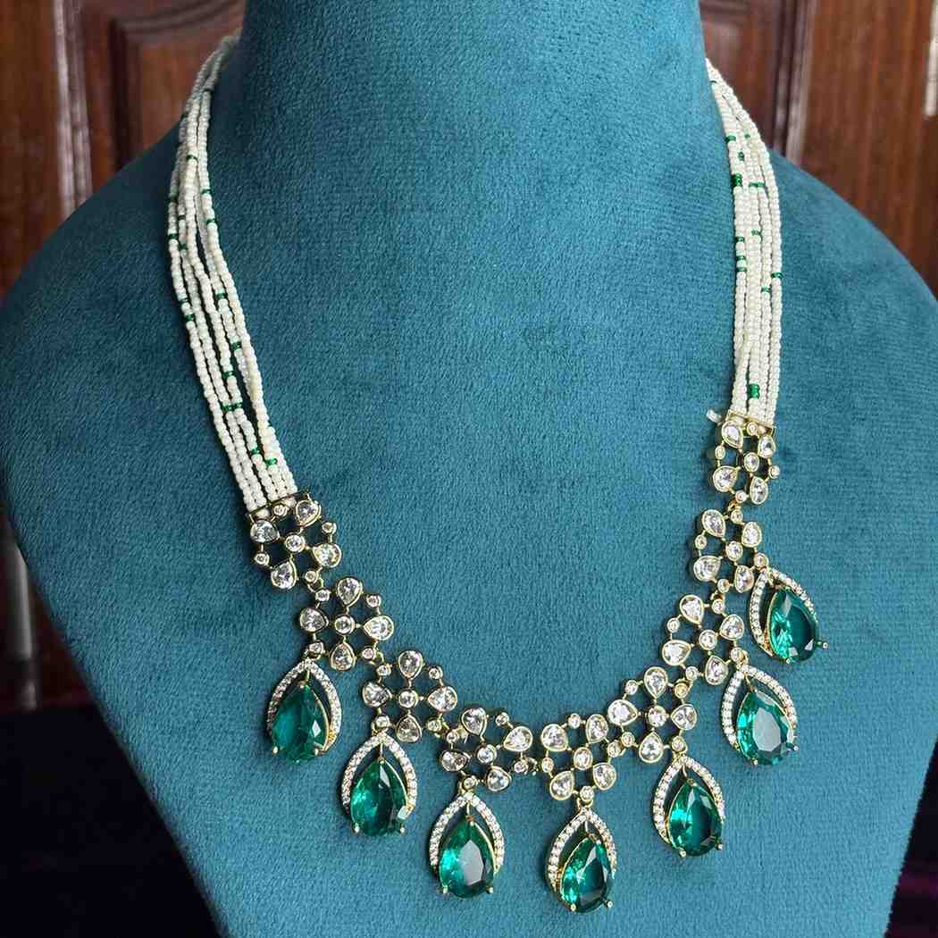 Premium Quality middle length necklace designed with White bead Sea blue pastel stone and polka diamonds  N0177-CS130