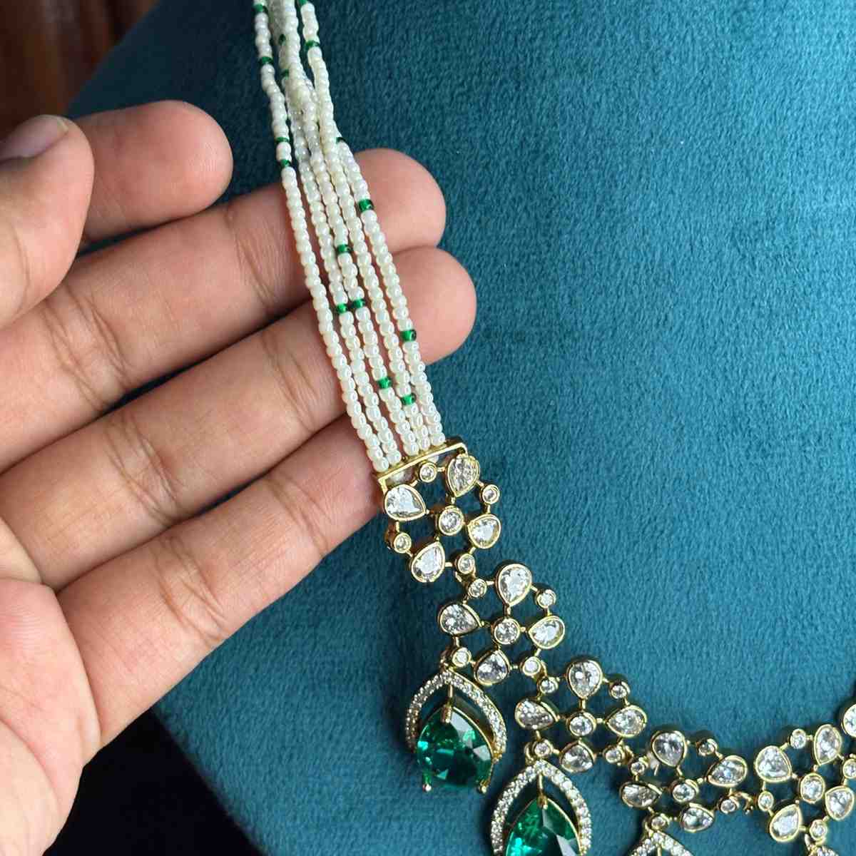 Premium Quality middle length necklace designed with White bead Sea blue pastel stone and polka diamonds  N0177-CS130