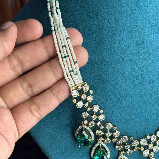 Premium Quality middle length necklace designed with White bead Sea blue pastel stone and polka diamonds  N0177-CS130