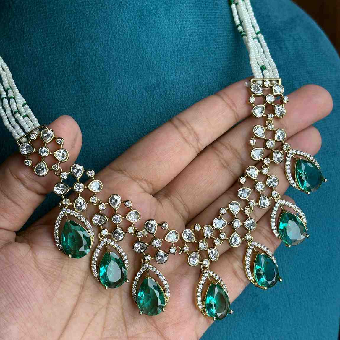 Premium Quality middle length necklace designed with White bead Sea blue pastel stone and polka diamonds  N0177-CS130