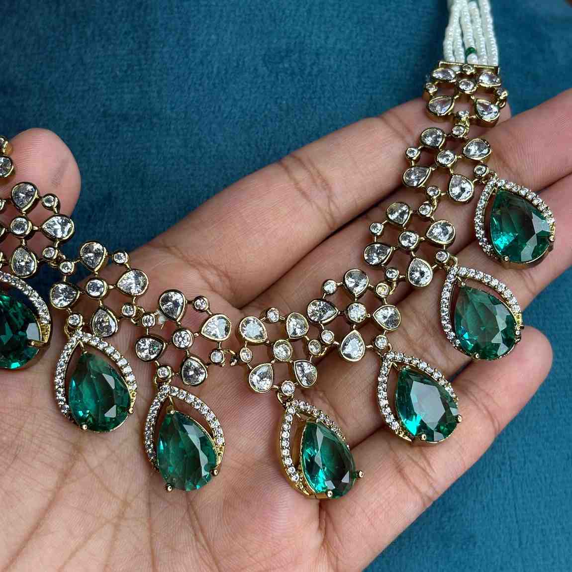 Premium Quality middle length necklace designed with White bead Sea blue pastel stone and polka diamonds  N0177-CS130