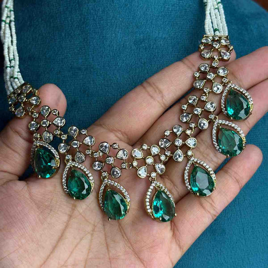 Premium Quality middle length necklace designed with White bead Sea blue pastel stone and polka diamonds  N0177-CS130