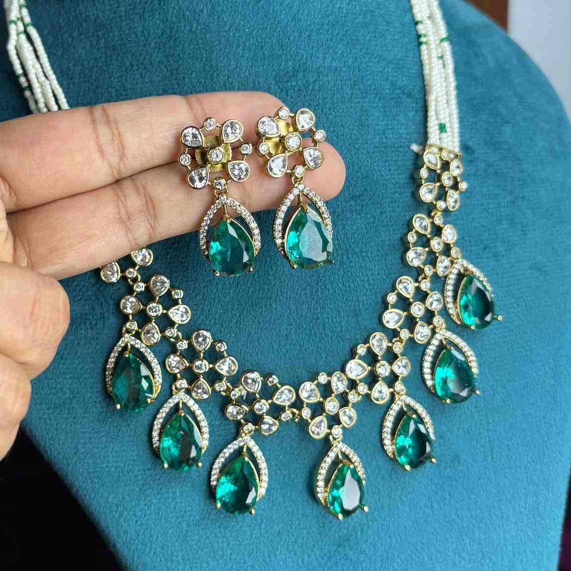 Premium Quality middle length necklace designed with White bead Sea blue pastel stone and polka diamonds  N0177-CS130