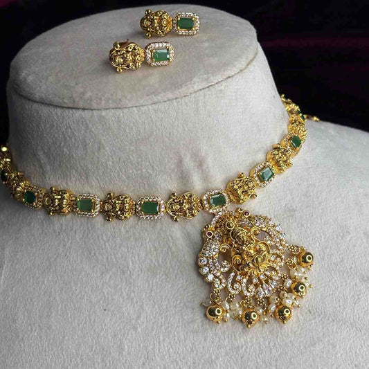 Premium Quality Emerald color stone Lakshmi Necklace with Ad white stone pendent with earrings N0178-CS82