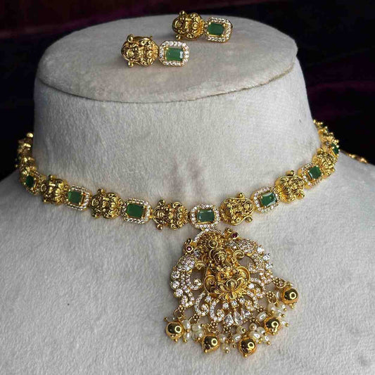 Premium Quality Emerald color stone Lakshmi Necklace with Ad white stone pendent with earrings N0178-CS82