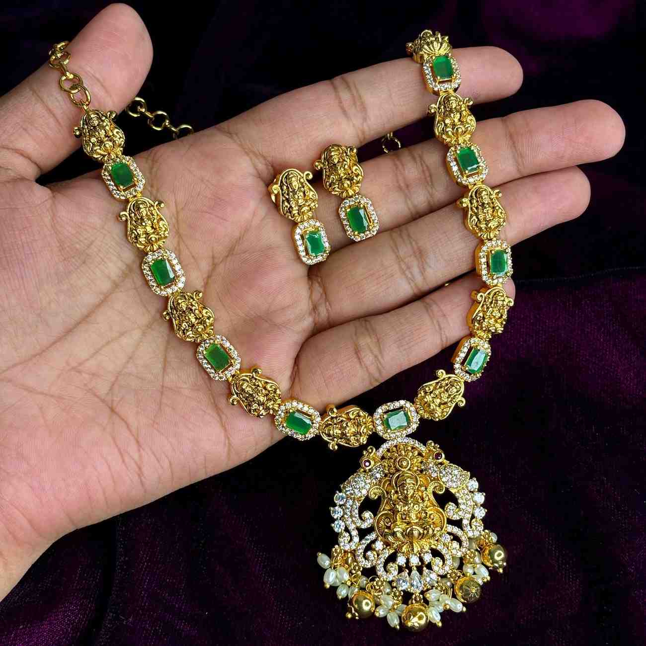 Premium Quality Emerald color stone Lakshmi Necklace with Ad white stone pendent with earrings N0178-CS82