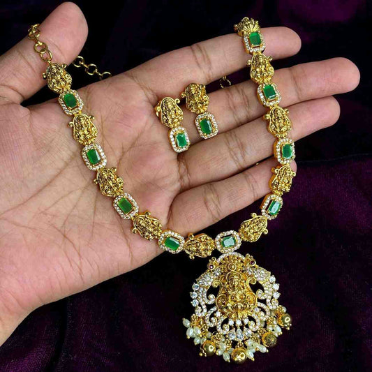 Premium Quality Emerald color stone Lakshmi Necklace with Ad white stone pendent with earrings N0178-CS82