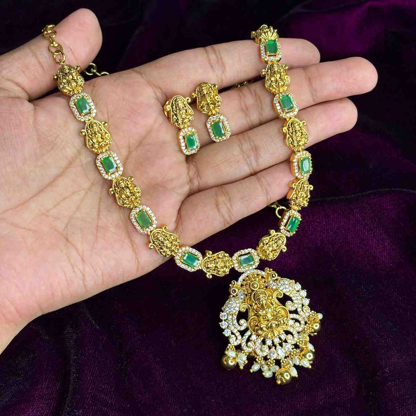 Premium Quality Emerald color stone Lakshmi Necklace with Ad white stone pendent with earrings N0178-CS82