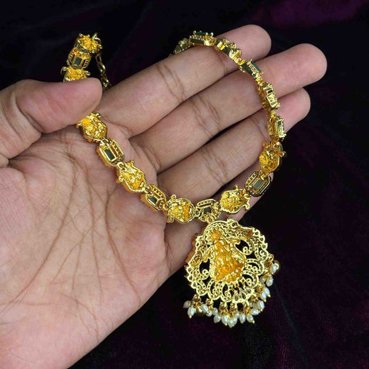 Premium Quality Emerald color stone Lakshmi Necklace with Ad white stone pendent with earrings N0178-CS82