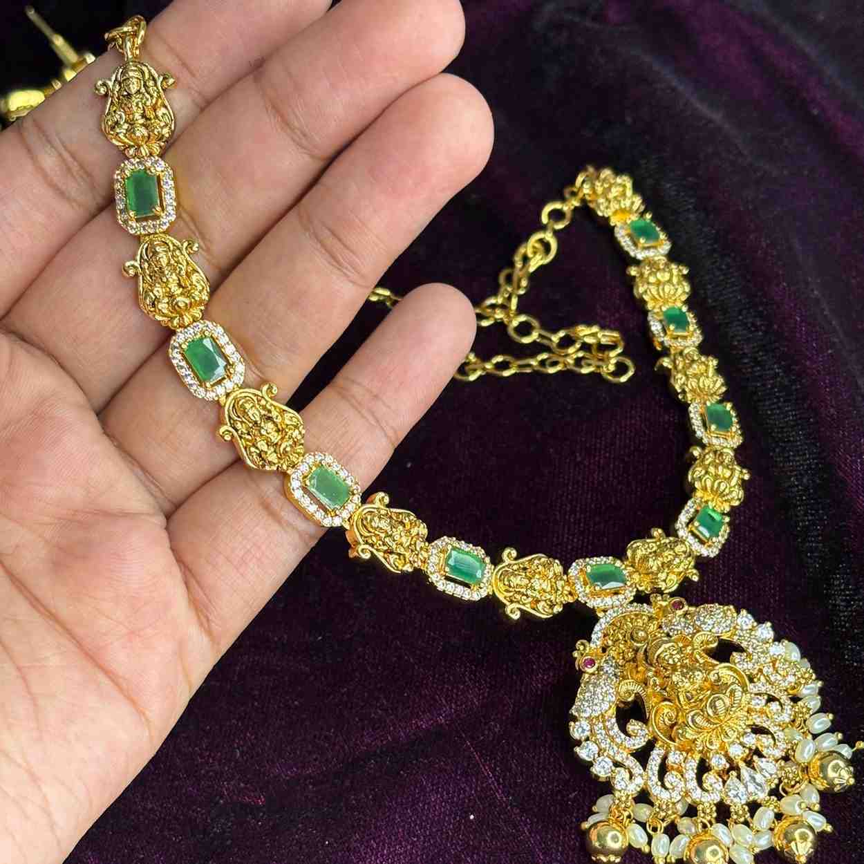 Premium Quality Emerald color stone Lakshmi Necklace with Ad white stone pendent with earrings N0178-CS82