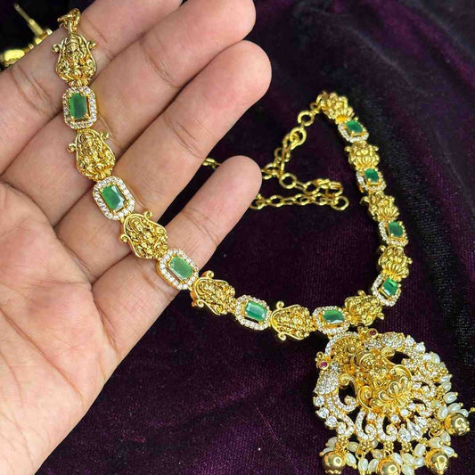 Premium Quality Emerald color stone Lakshmi Necklace with Ad white stone pendent with earrings N0178-CS82