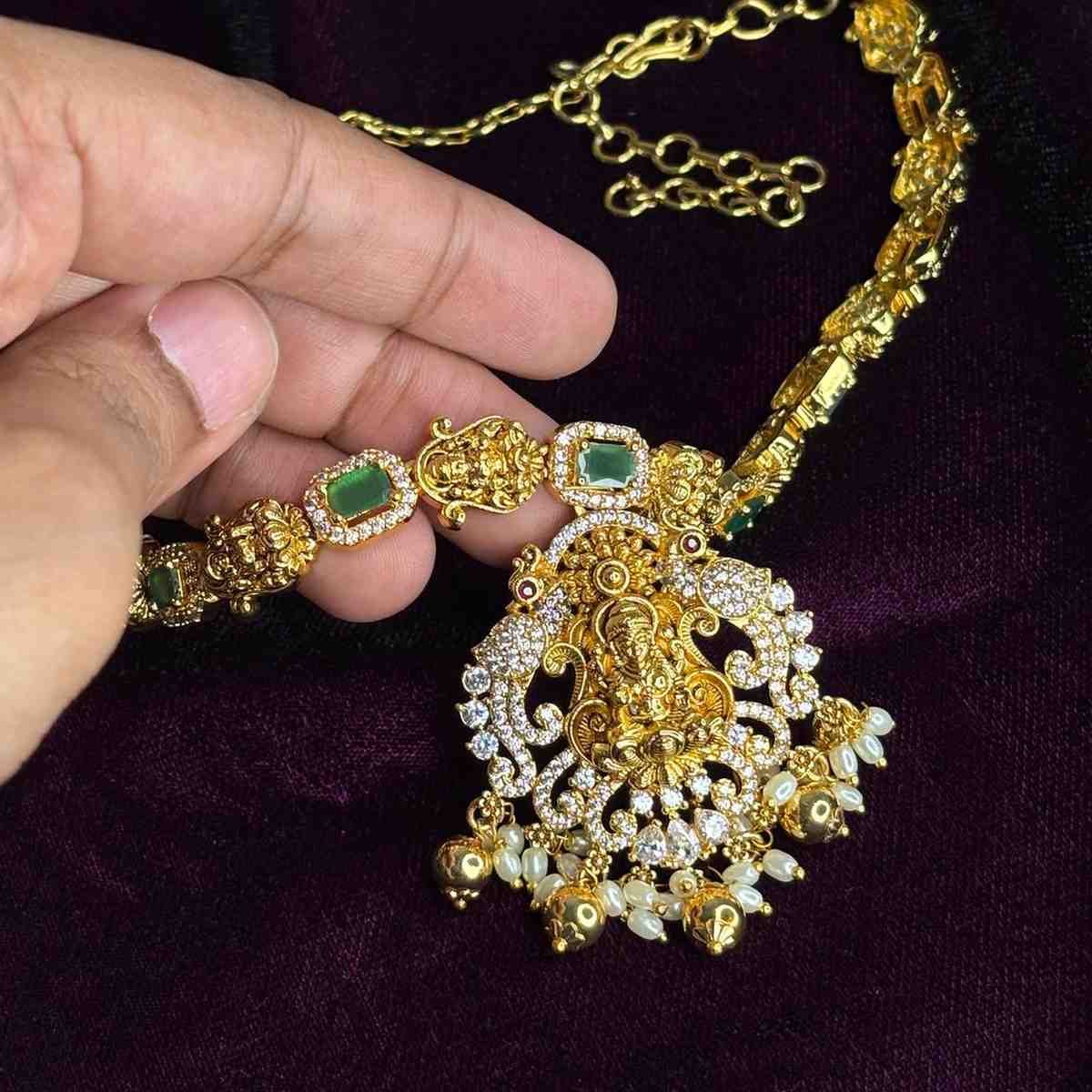 Premium Quality Emerald color stone Lakshmi Necklace with Ad white stone pendent with earrings N0178-CS82